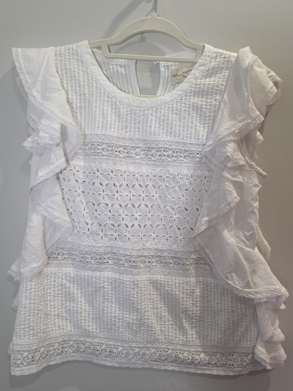 Denim & Supply RL White Eyelet Ruffle Sleeve Women's Top